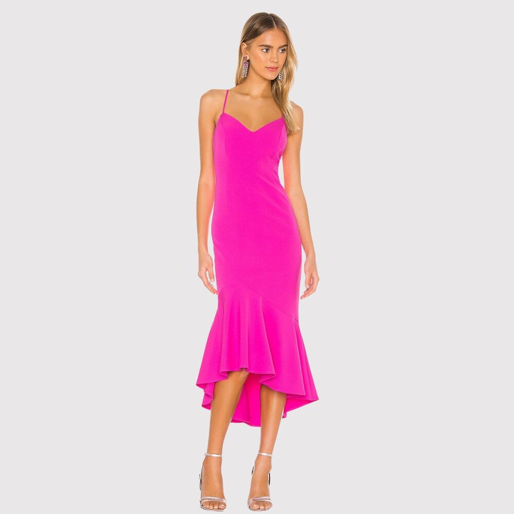 NWT Bardot Womens Dress Pink Shock Lisandra Midi V Neck Trumpet Stretch Medium